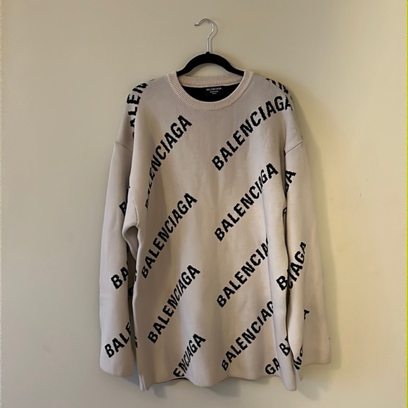 Balenciaga Sweaters - Balenciaga Cream Crewneck Sweater with Black Logo